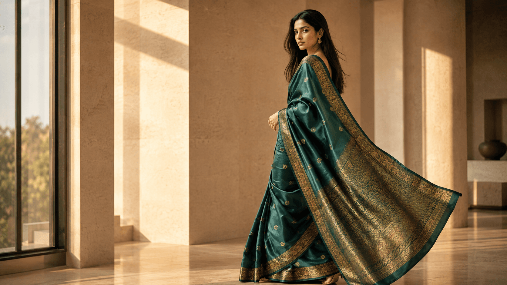The same emerald saree draped on a model in a sunlit stone interior