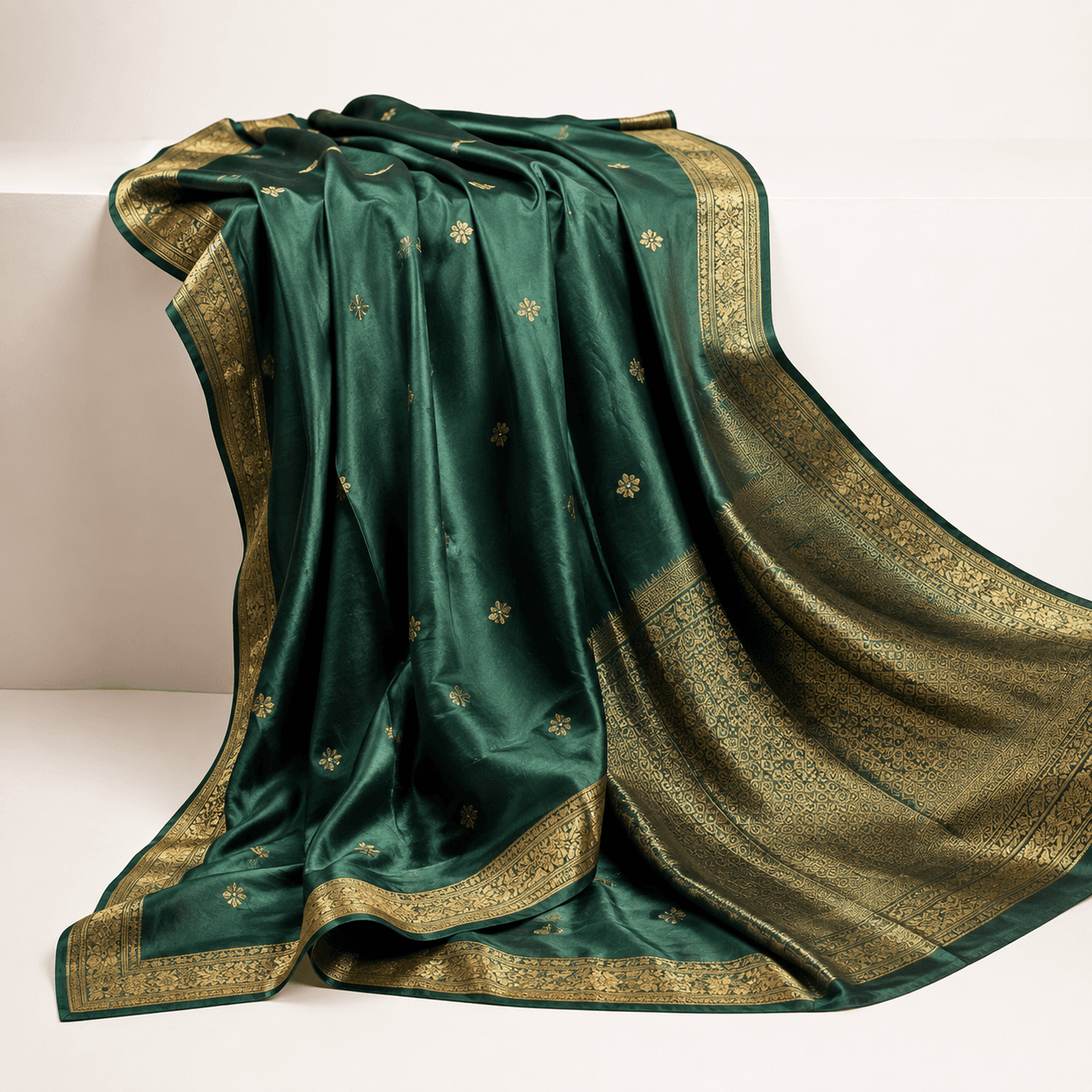 Emerald and gold silk saree fabric, flat product shot